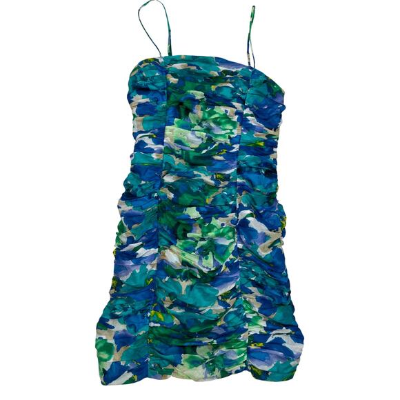 Calvin Klein Women's Spaghetti Strap Ruched Cocktail Dress Size 12 Blue Floral - Picture 1 of 16